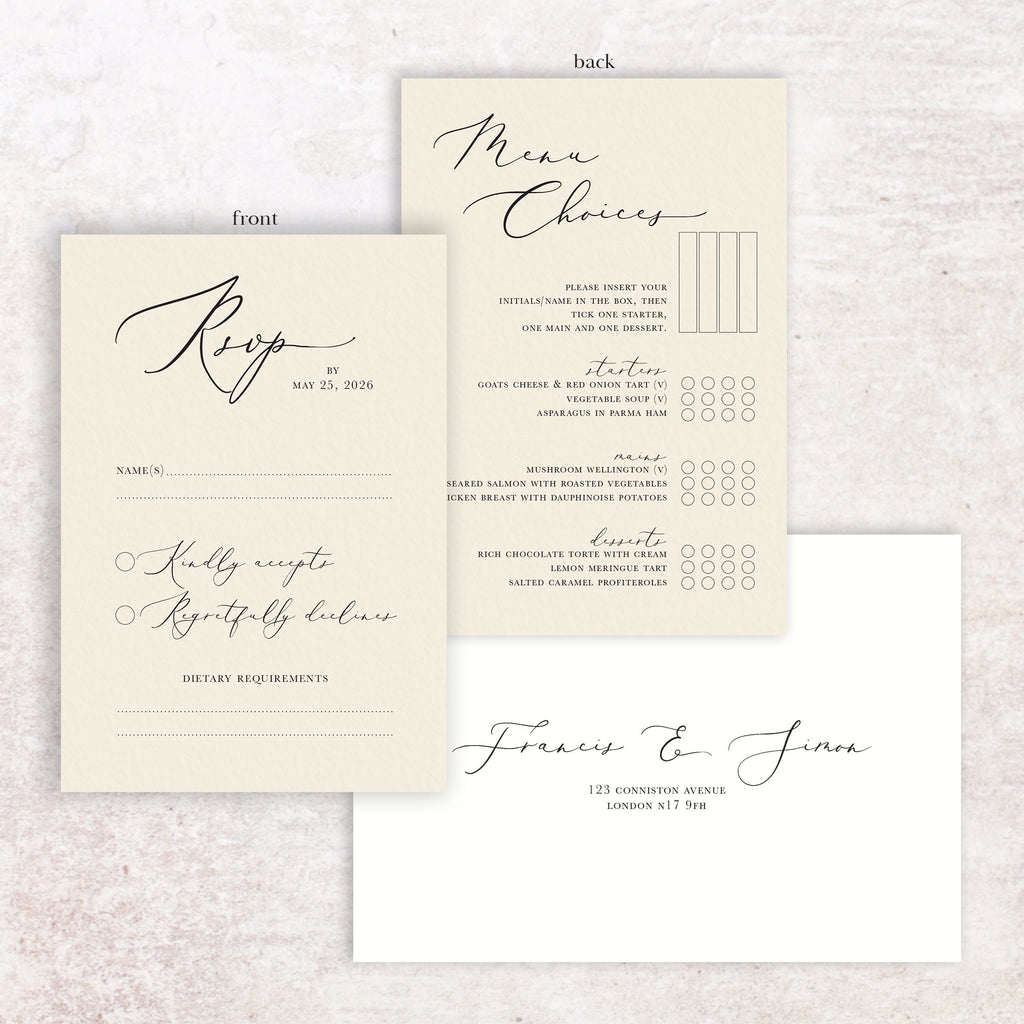 Francis RSVP menu card and envelope