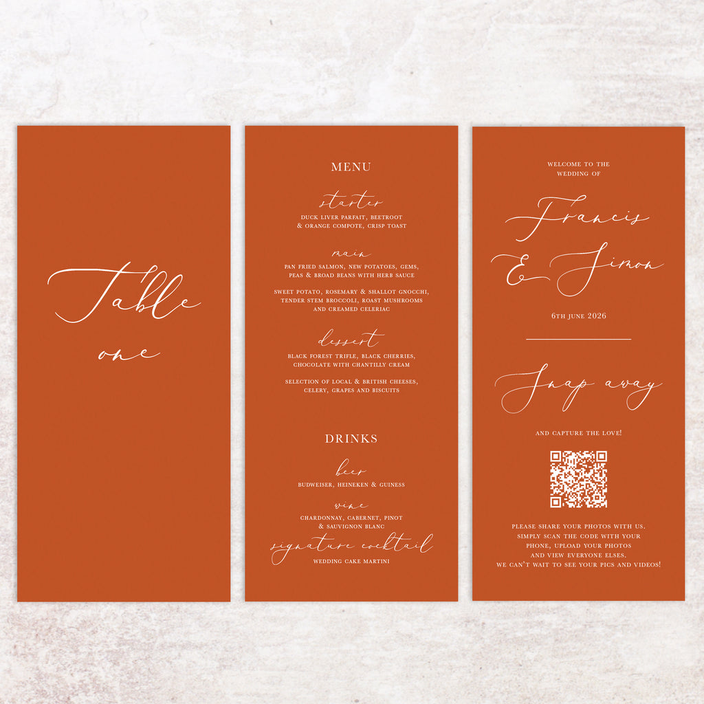 Francis trifold table number, menu, thank you sign