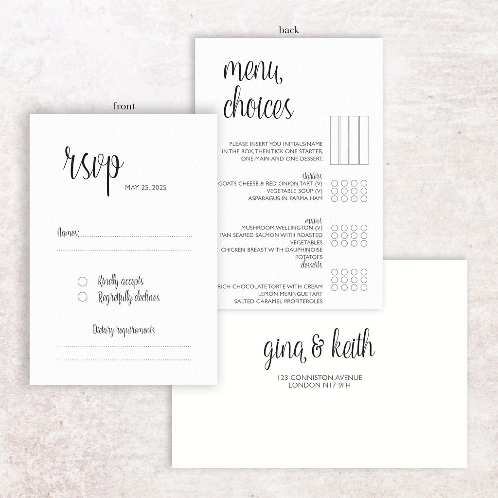 Gina RSVP menu card and envelope