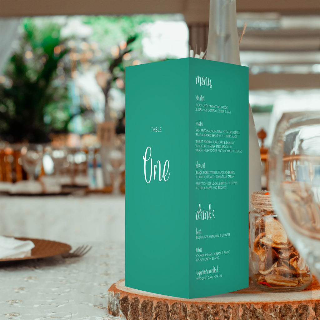 Gina trifold table number, menu, thank you sign