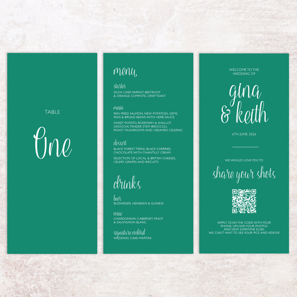 Gina trifold table number, menu, thank you sign