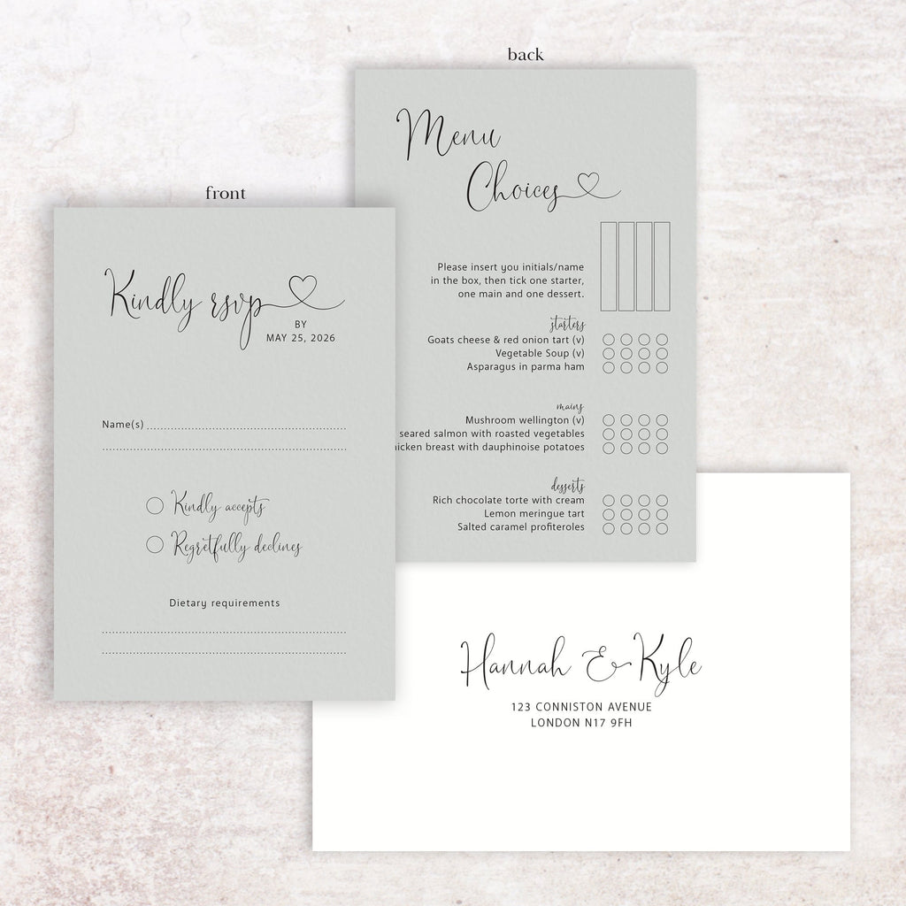 Hannah RSVP menu card and envelope