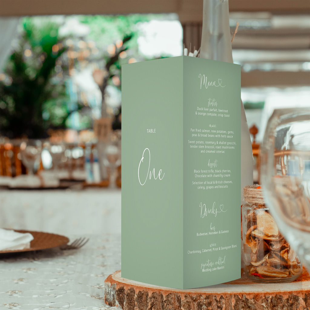 Hannah trifold table number, menu, thank you sign