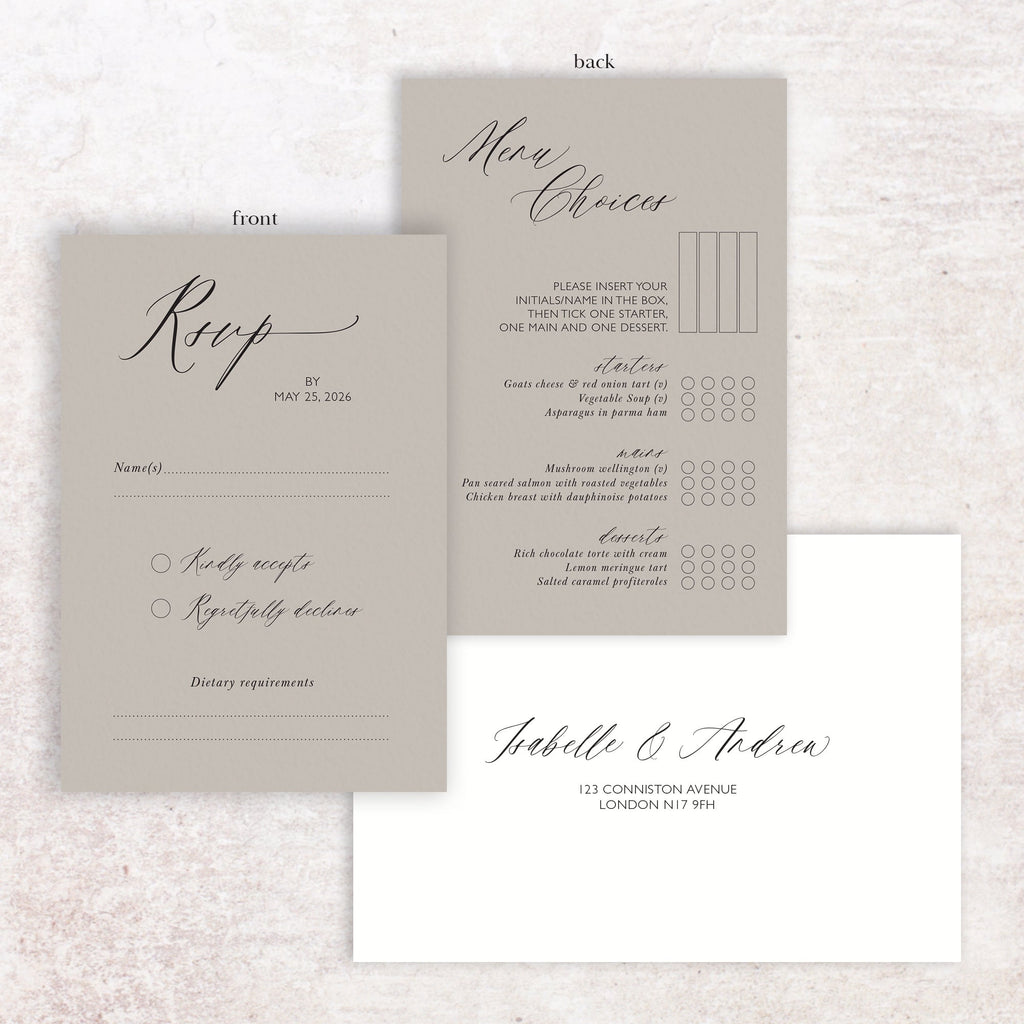 Isabelle RSVP menu card and envelope