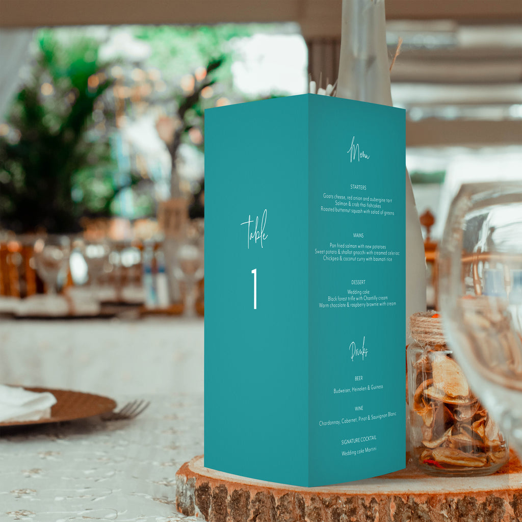 Jenna trifold table number, menu, thank you sign