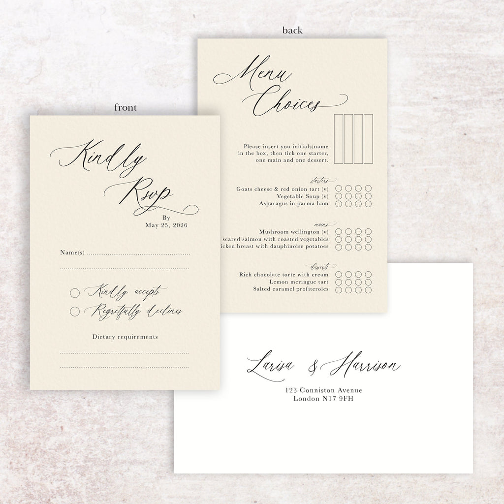 Larisa RSVP menu card and envelope