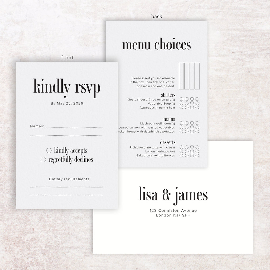 Lisa RSVP menu card and envelope