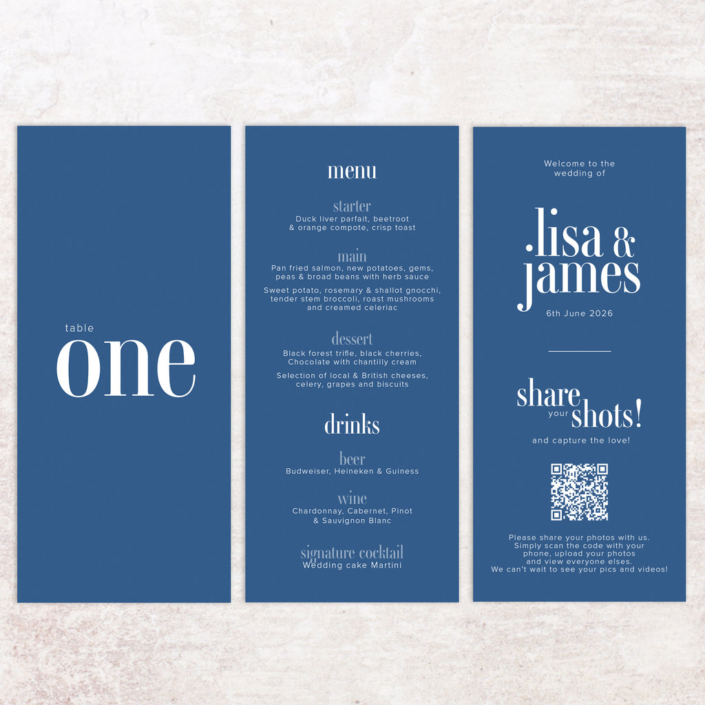 Lisa trifold table number, menu, thank you sign