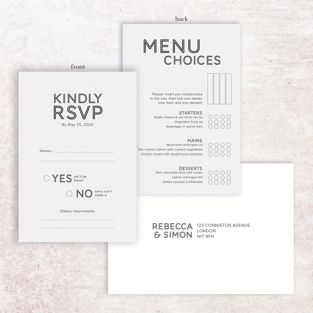 Loveline RSVP menu card and envelope