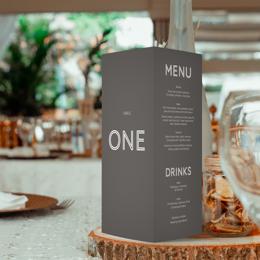 Loveline trifold table number, menu, thank you sign