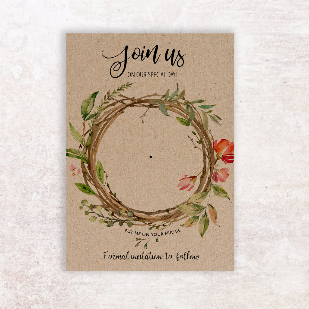 Save the date wreath kraft look backing cards