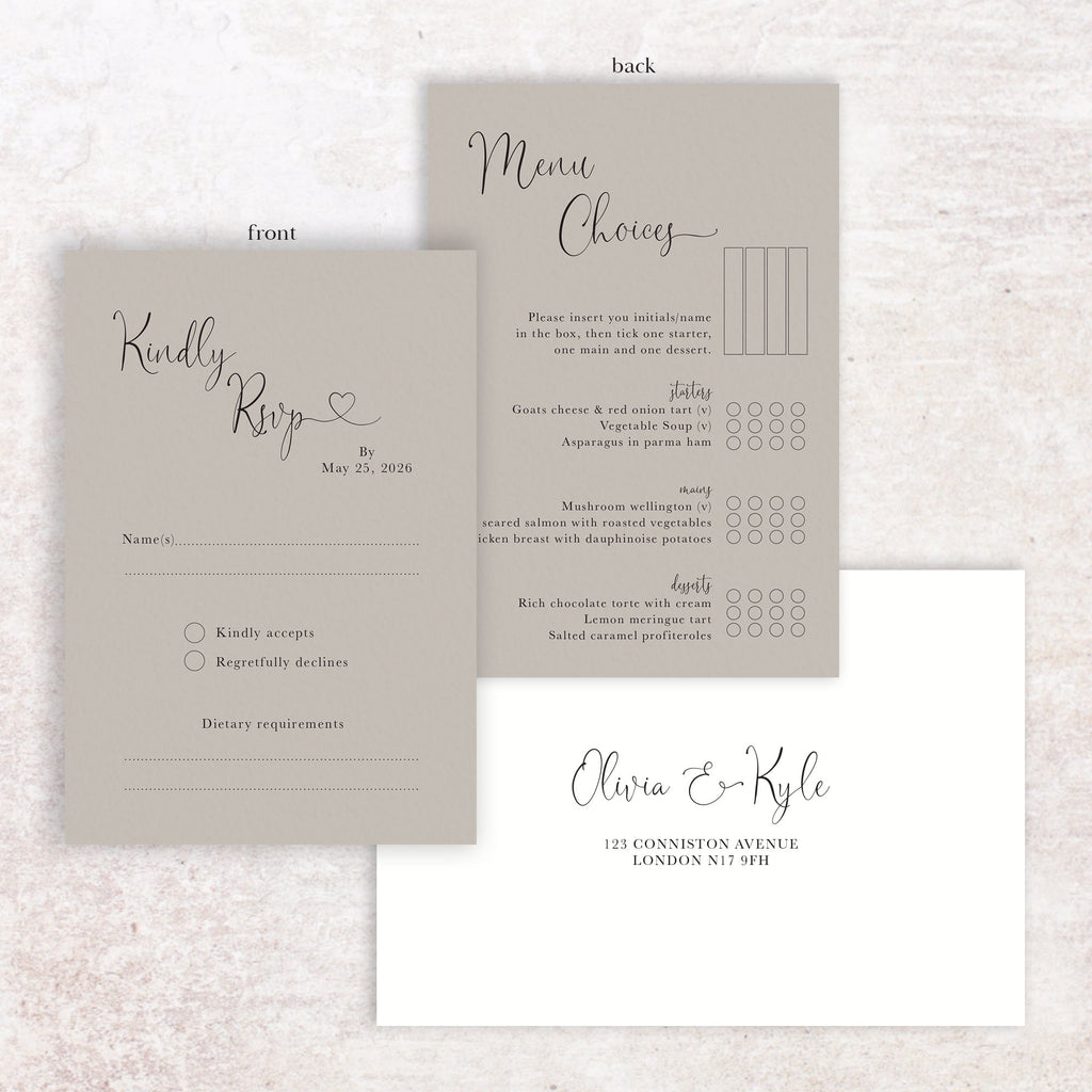 Olivia RSVP menu card and envelope