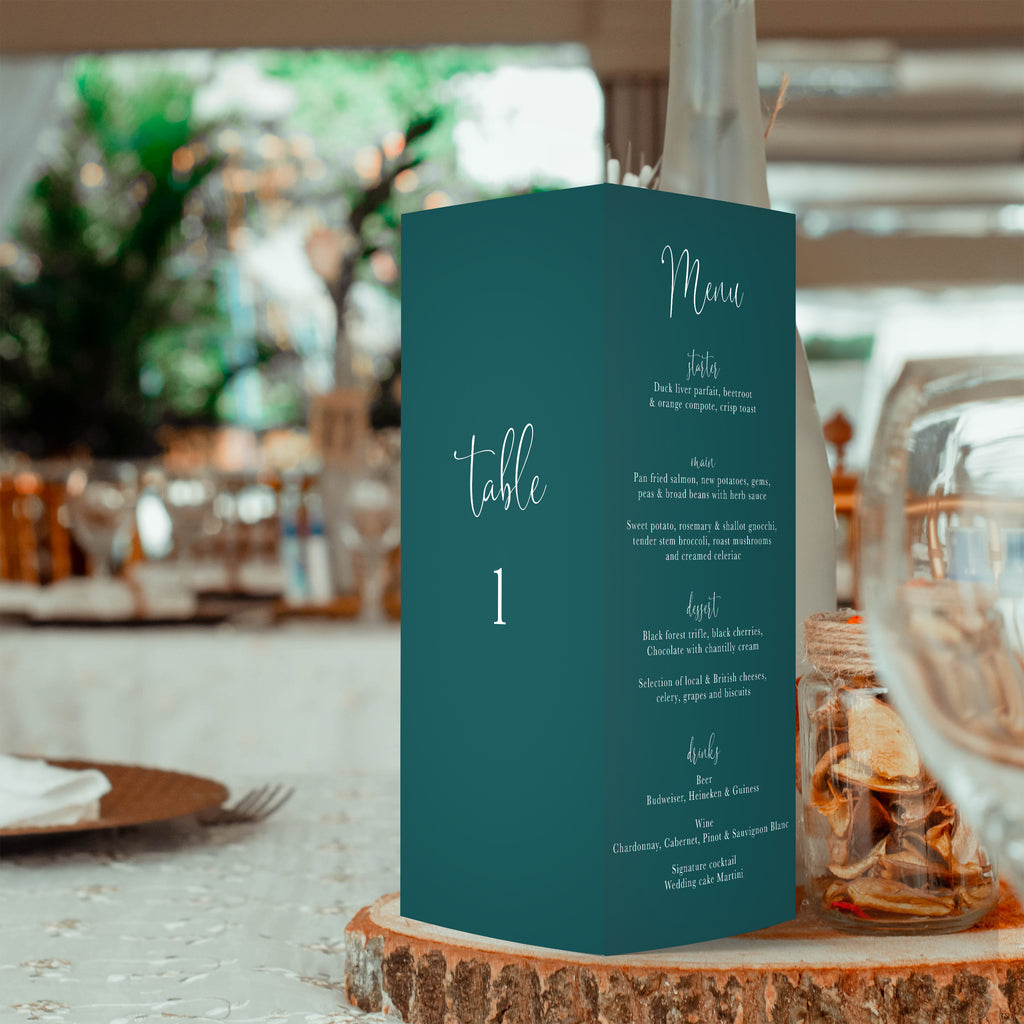 Olivia trifold table number, menu, thank you sign