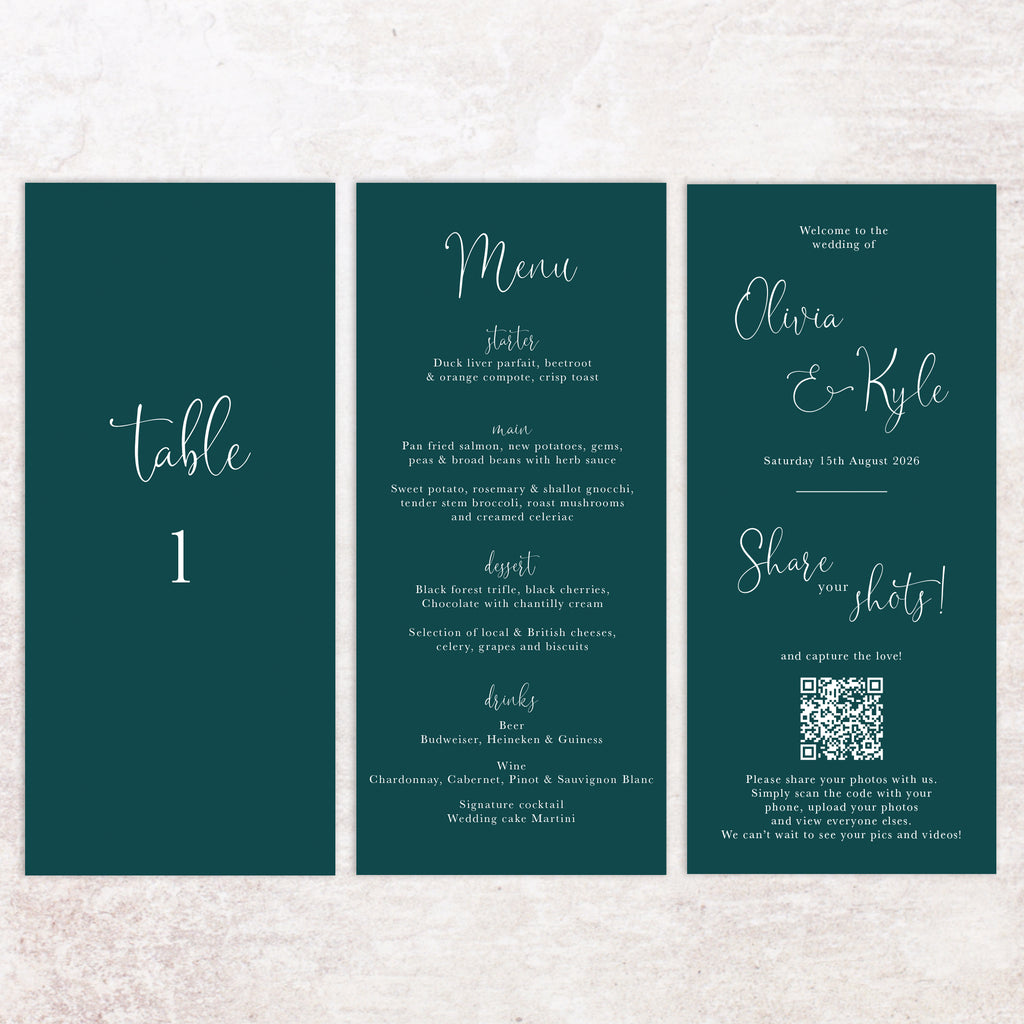 Olivia trifold table number, menu, thank you sign