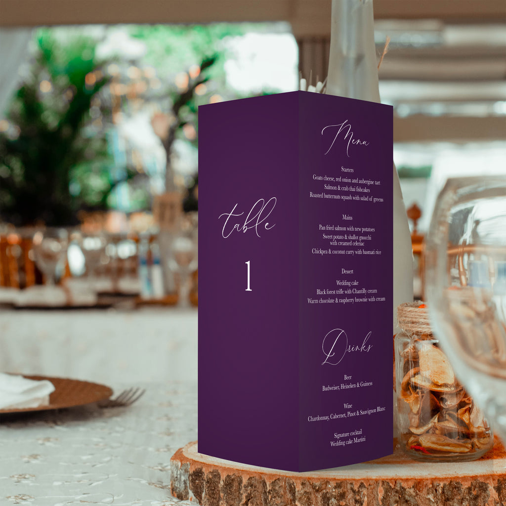 Parisina trifold table number, menu, thank you sign