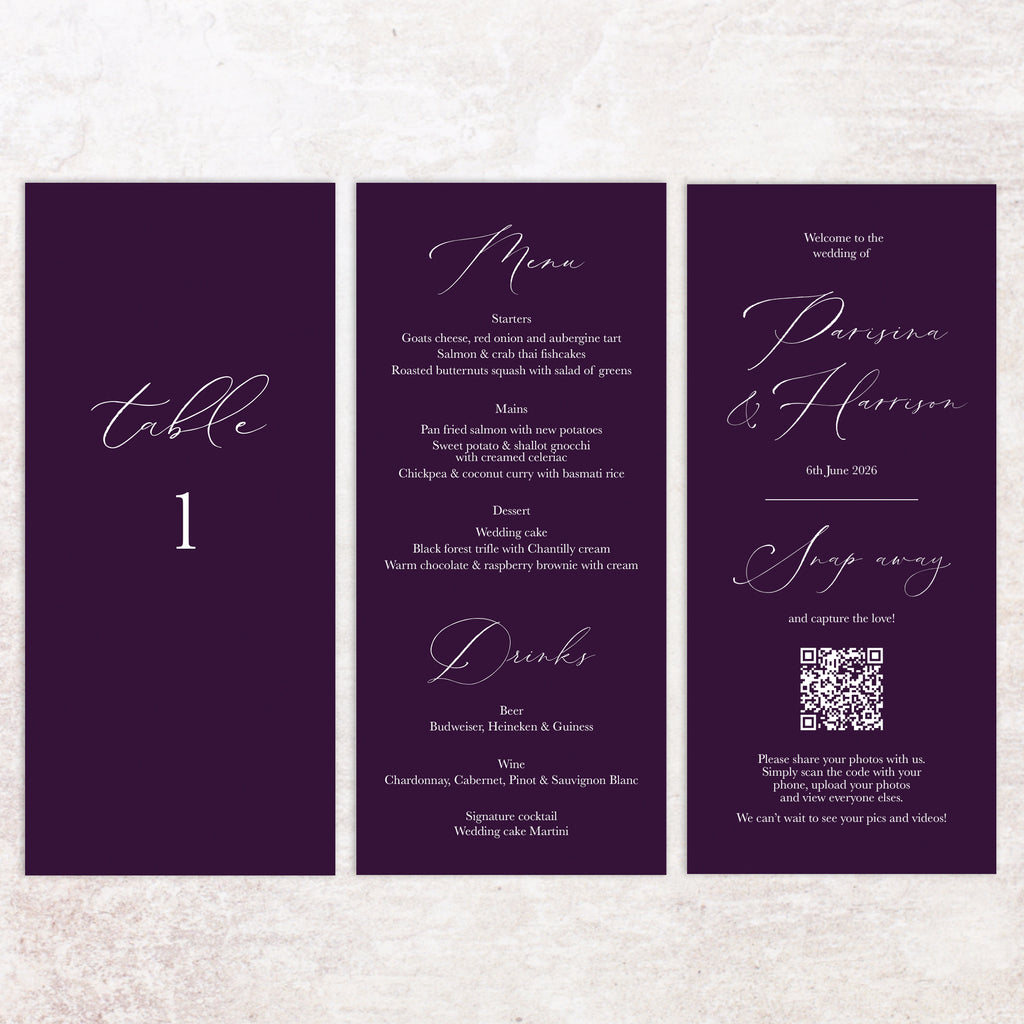 Parisina trifold table number, menu, thank you sign