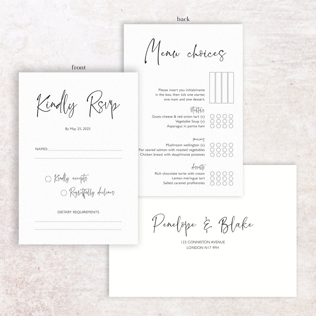 Penelope RSVP menu card and envelope