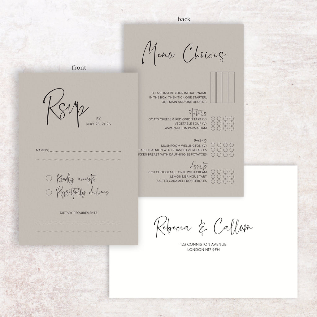 Rebecca RSVP menu card and envelope