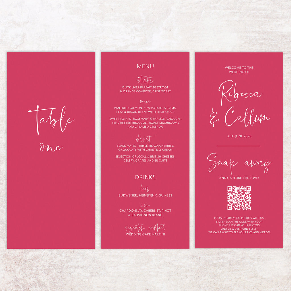 Rebecca trifold table number, menu, thank you sign