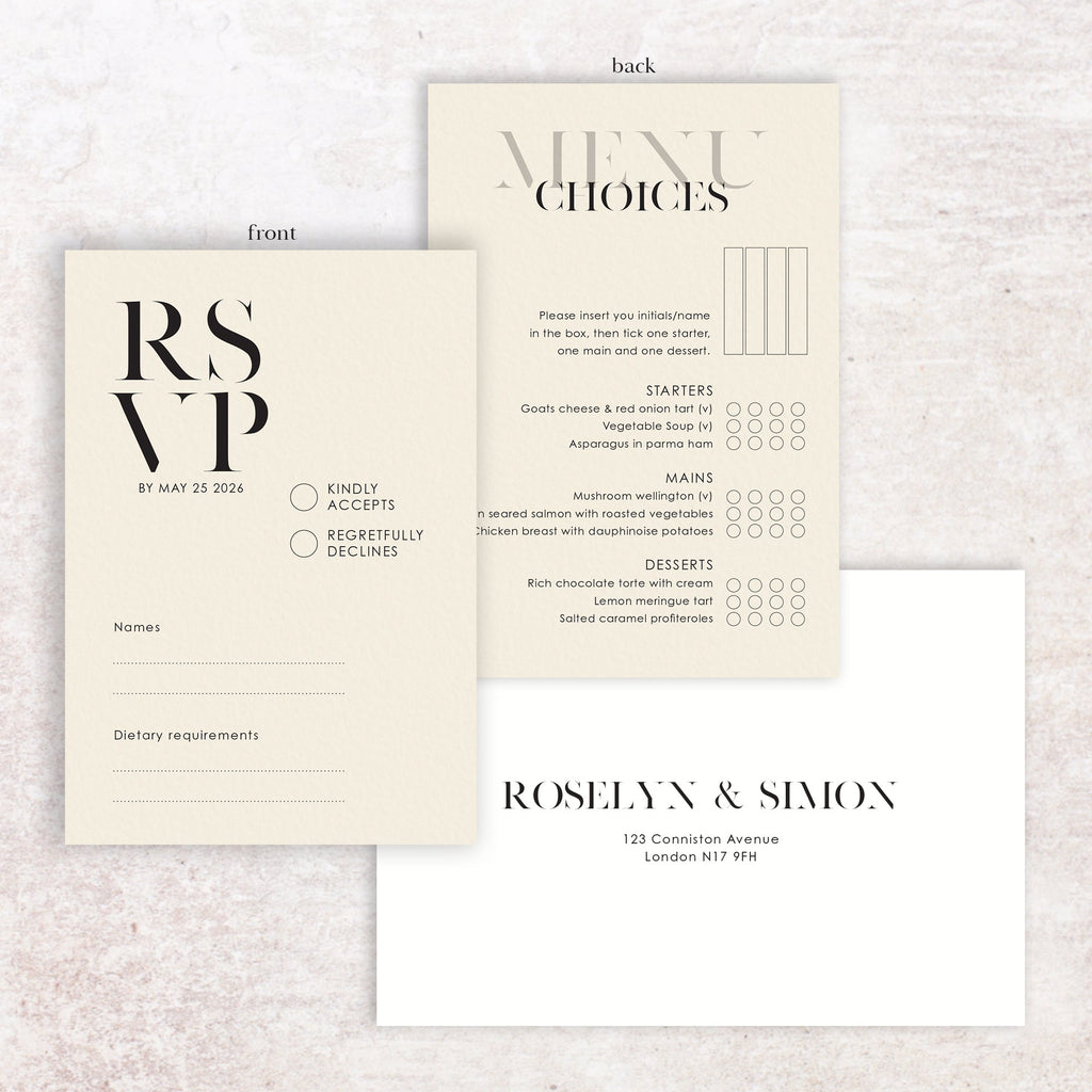 Roselyn RSVP menu card and envelope