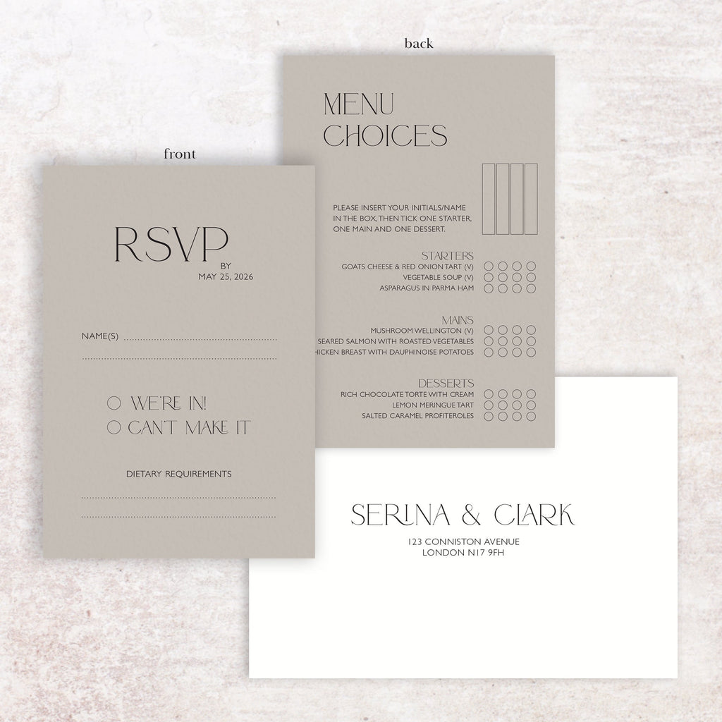 Serina RSVP menu card and envelope