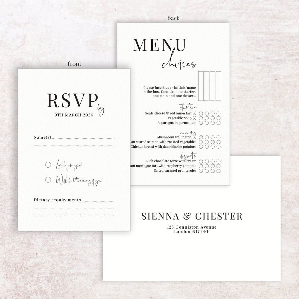 Sienna RSVP menu card and envelope