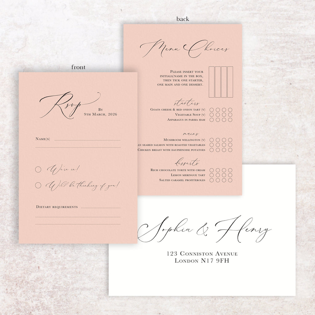 Sophia RSVP menu card and envelope