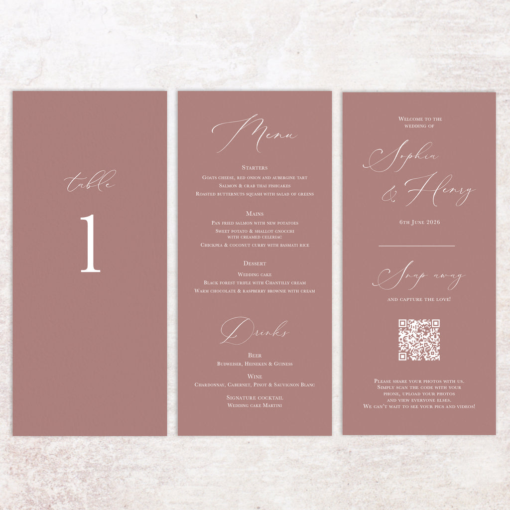 Sophia trifold table number, menu, thank you sign