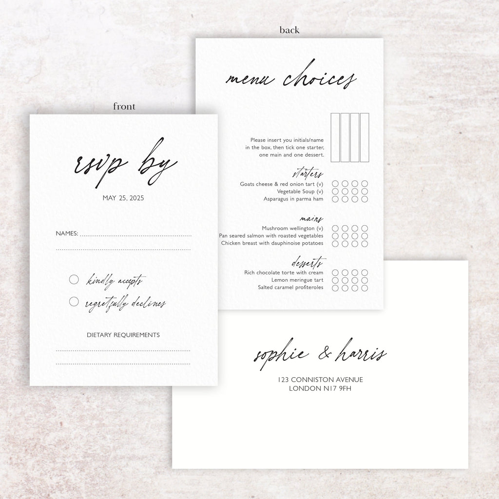 Sophie RSVP menu card and envelope