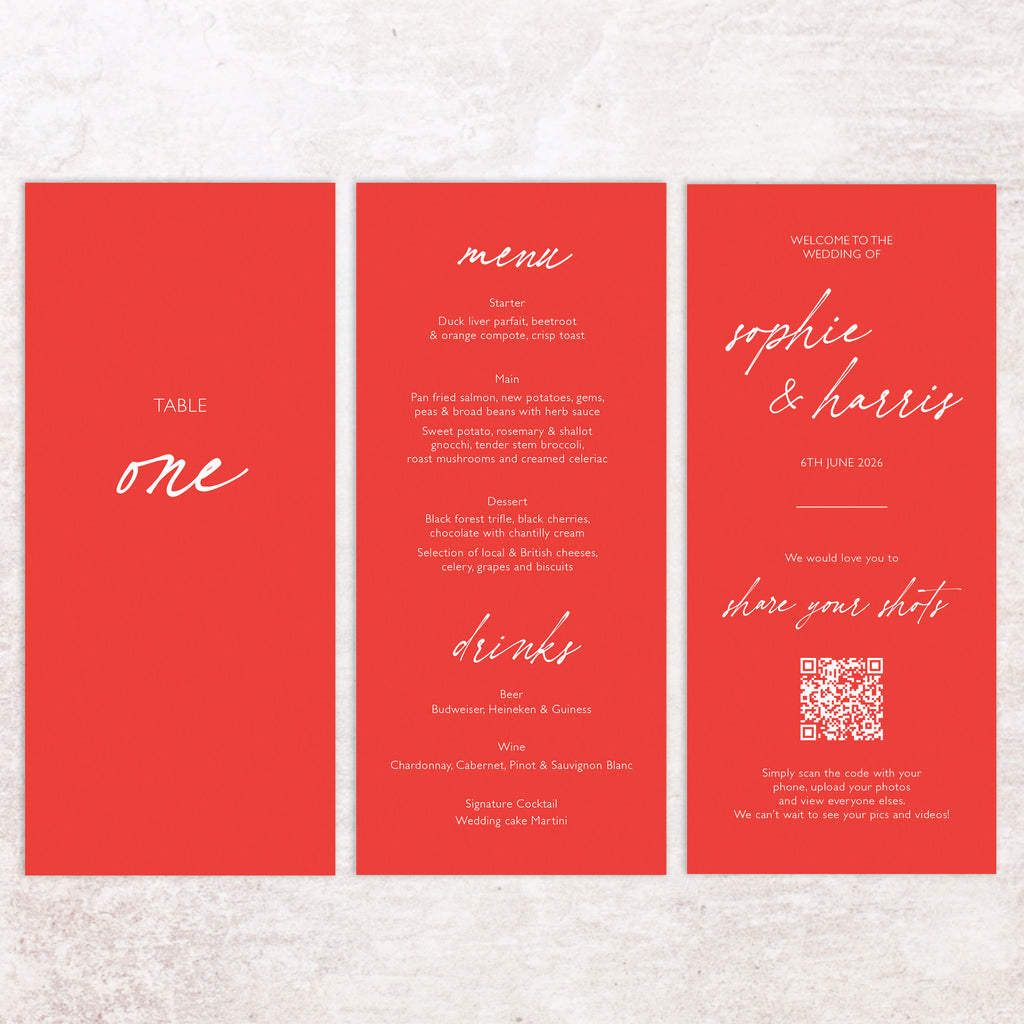 Sophie trifold table number, menu, thank you sign