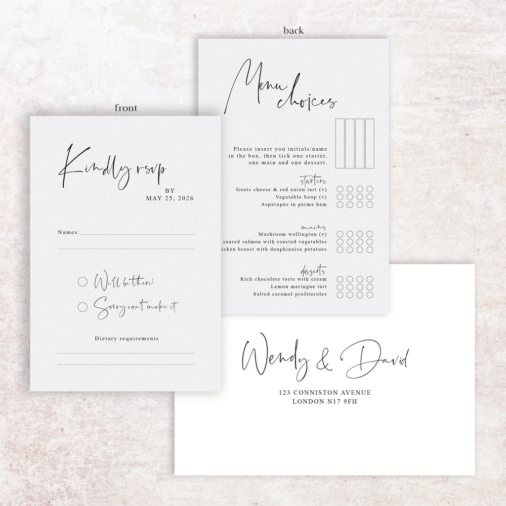 Wendy RSVP menu card and envelope