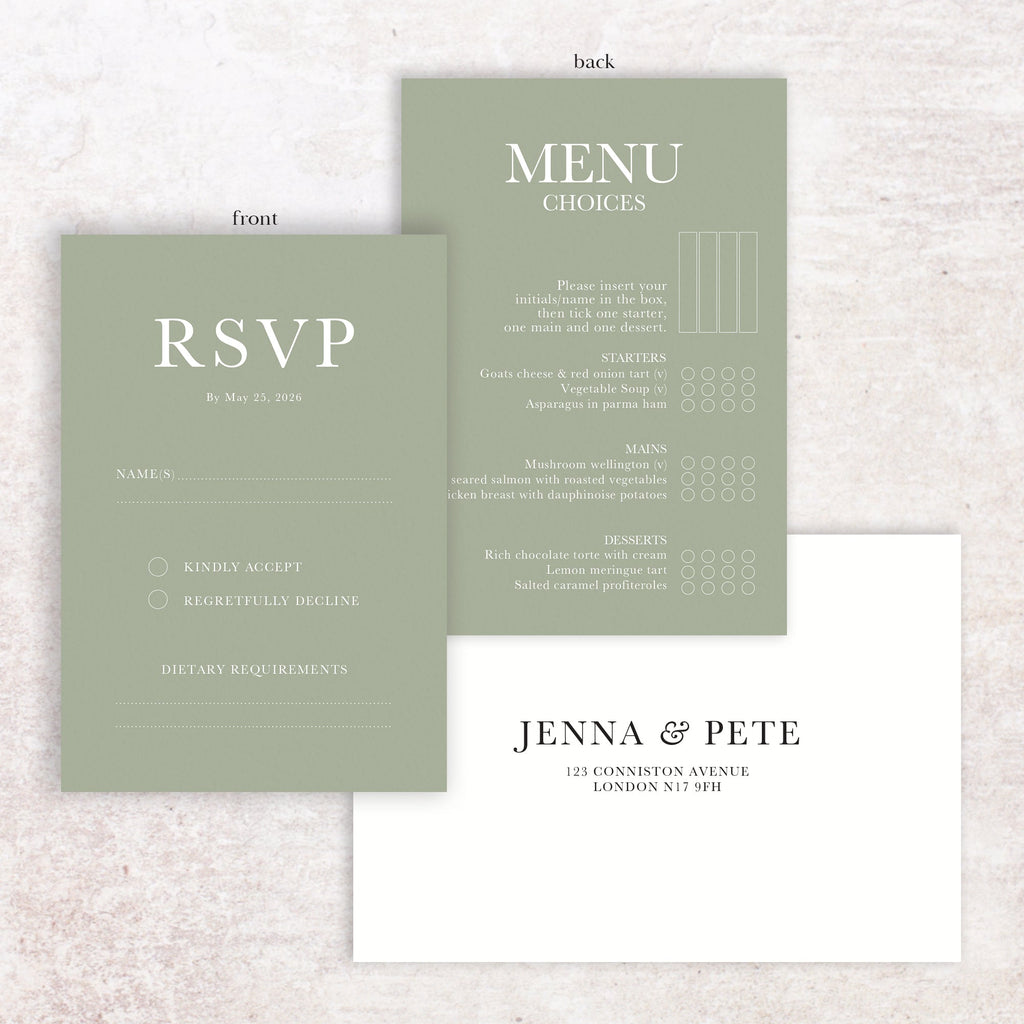 Willow RSVP menu card and envelope