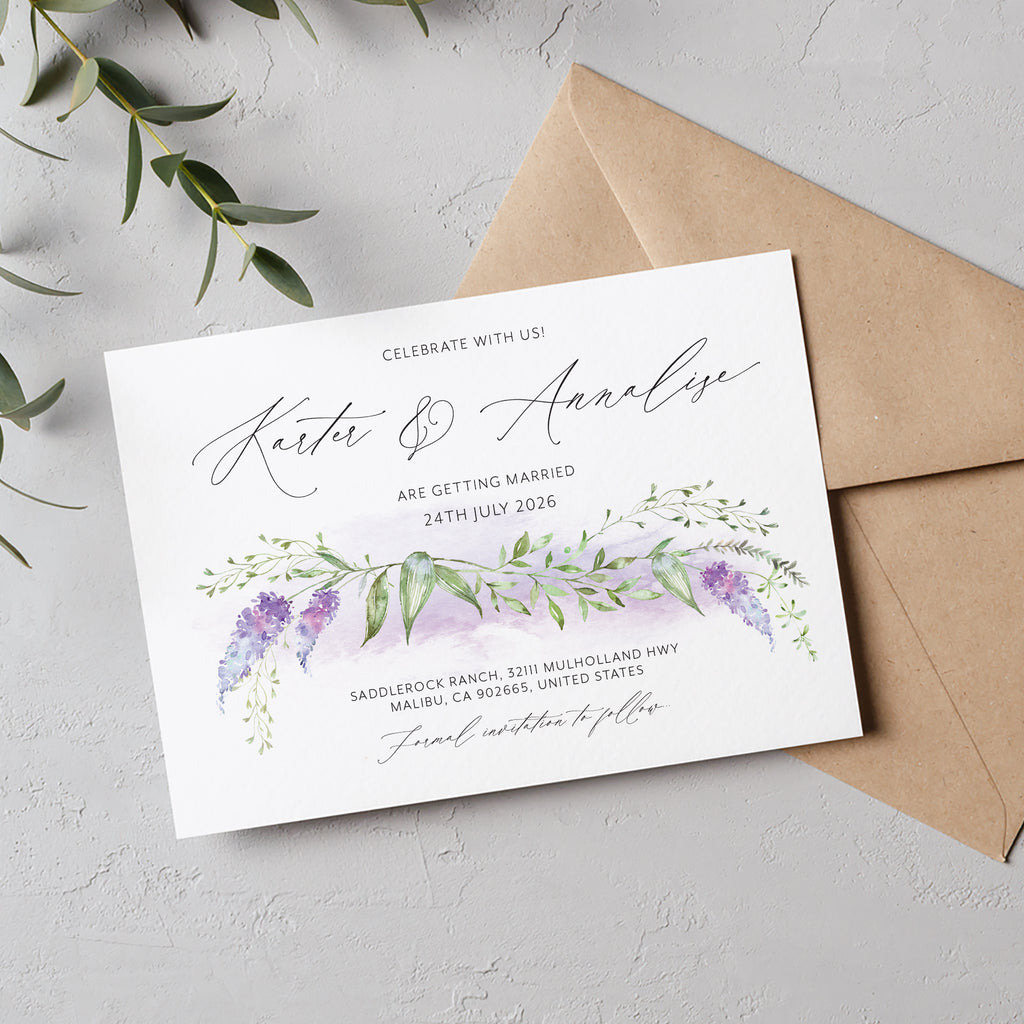 Lavender save the date cards LVBL100a